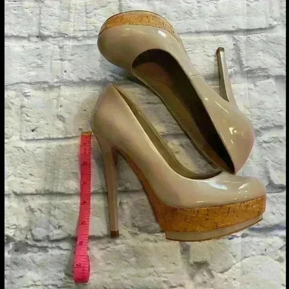 Zara Woman Nude Patent Leather Cork Platform Stiletto Pumps Heels 5.5 Inch Heel‎